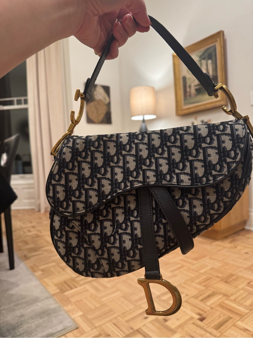 Designer inspired navy & Beige Oblique Saddle Bag with Gold 'CD' Charm